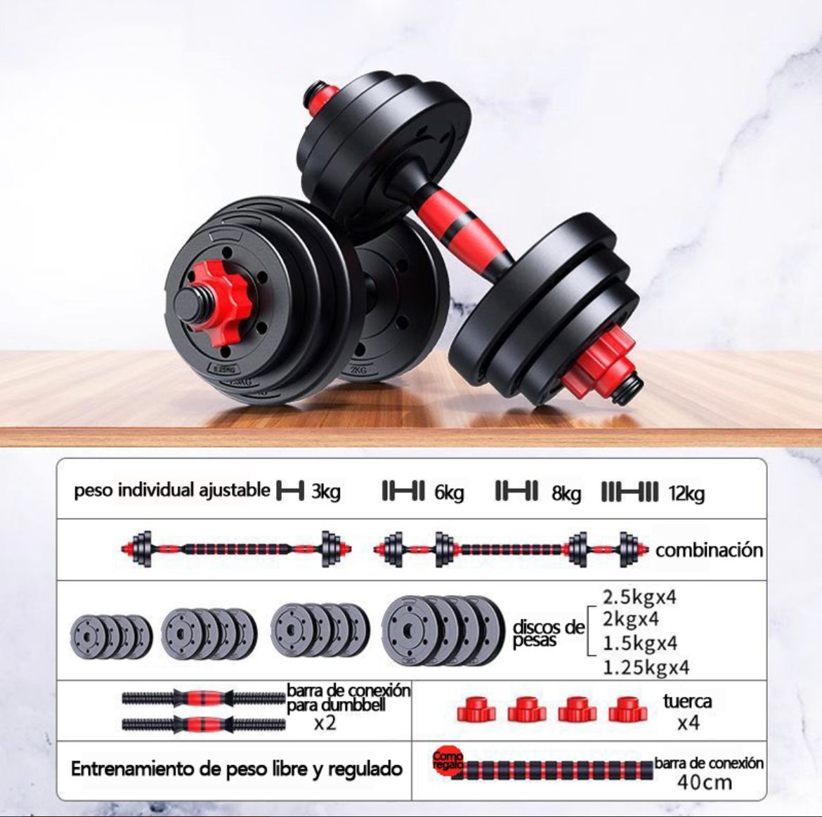 Set Mancuernas Y Barra Unibles 30kg Fitness - Imagen 2